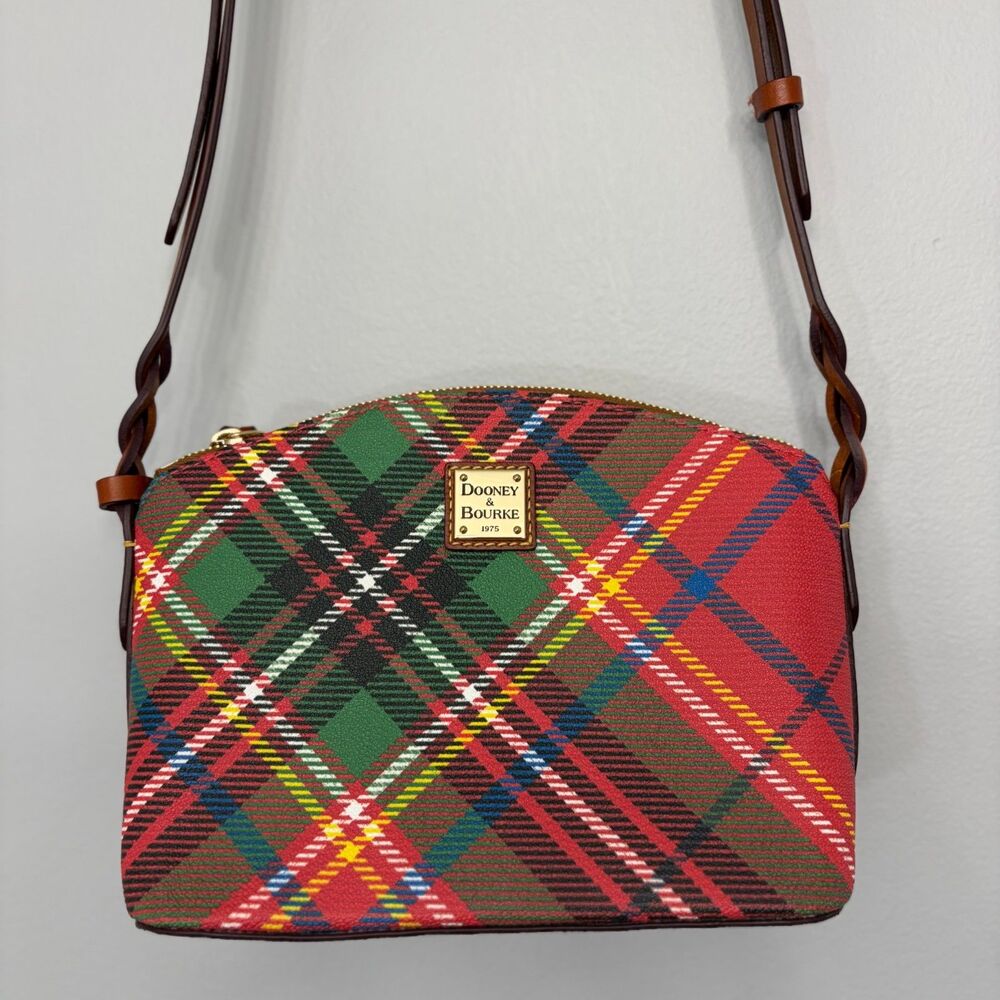 Dooney & Bourke Tartan Plaid Mini Domed Crossbody Bag Red Green Cotton Leather